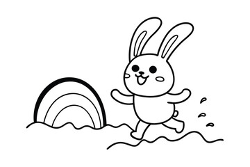 Happy bunny running towards a rainbow after the rain