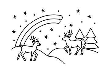 Two reindeer under a rainbow in a snowy landscape with stars and trees
