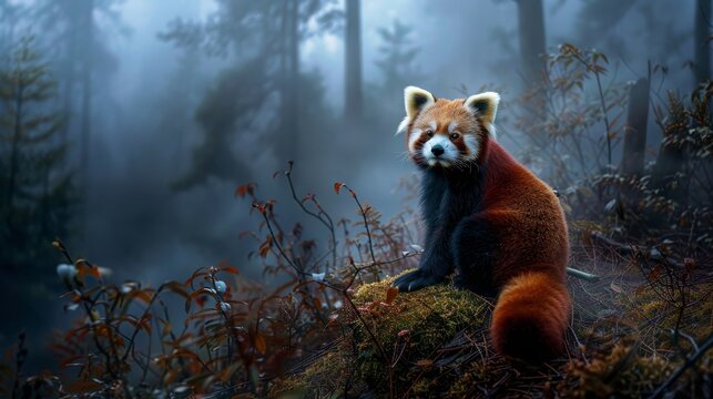 Red panda ascending bamboo in a foggy forest setting, emphasizing nature s beauty and serenity