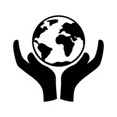 Black and white illustration of two hands holding the world, global care