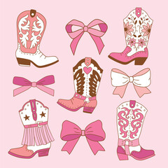 Set of hand drawn pink vector bows and western boots for clipart sticker or nursery design.