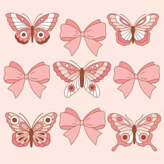 Fototapeta premium Set of hand drawn pink vector bows and butterfly for clipart sticker or nursery design.