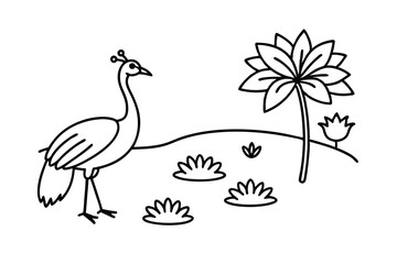 Fototapeta premium Peacock bird in simple line art style with tropical plants
