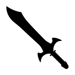A black silhouette of a sword with a curved blade design