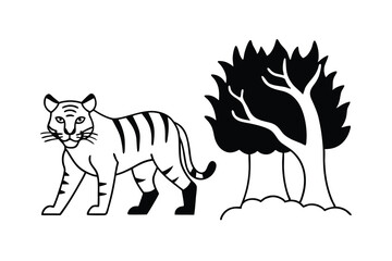 Black and white illustration of a tiger near trees