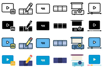 Video editing icon set related to movie, film, setting, film editing, resolution, projector, editor, and others. vector illustration line, outline, glyph, lineal color, flat style