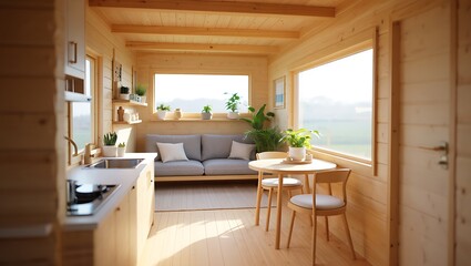 Fototapeta premium Cozy wooden cabin interior featuring kitchenette living room and dining area with plants
