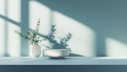 Abstract Summer White Light Shining On Kitchen Wall In Modern Studio Room, With Sunlight Reflecting On Empty Podium For Spring Product Display.
