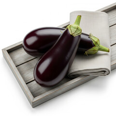 Fresh Purple Eggplants on a Rustic Wooden Tray