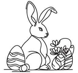 Obraz premium Easter Bunny Line Art: Minimalist Rabbit with Decorated Eggs and Flowers Illustration for Spring Holiday Coloring Pages & Crafts
