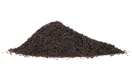 Heap of dry black tea leaves isolated on a white background. Ceylon black tea pekoe.
