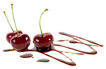 Red ripe cherries in liquid chocolate isolated on a white background. Fondue cherries.