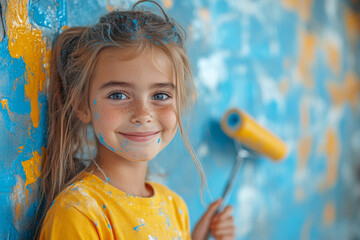 A cheerful young girl with a bright smile paints a wall with lively colors using rollers. Her playful spirit shows as her hands and clothes are splattered with paint