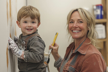 A joyful little boy, with paint on his hands and a big smile, helps his mother paint a wall in a lively family setting. Their shared creativity brightens the room