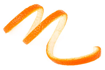 Spiral form of orange peel isolated on a white background. Vitamin C. Beauty health skin concept.