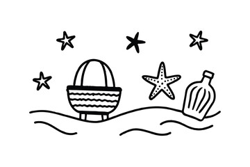 Summer beach scene with basket starfish and bottle