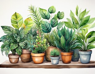 Fototapeta premium watercolor illustration depicting several potted plants on a white background