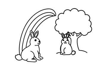 Two cute bunnies rainbow tree nature illustration