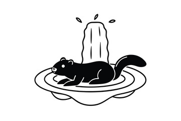 Cute otter relaxing in a small pond with a tiny waterfall