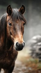 Obraz premium Majestic horse stands proud in a misty forest setting during early morning light