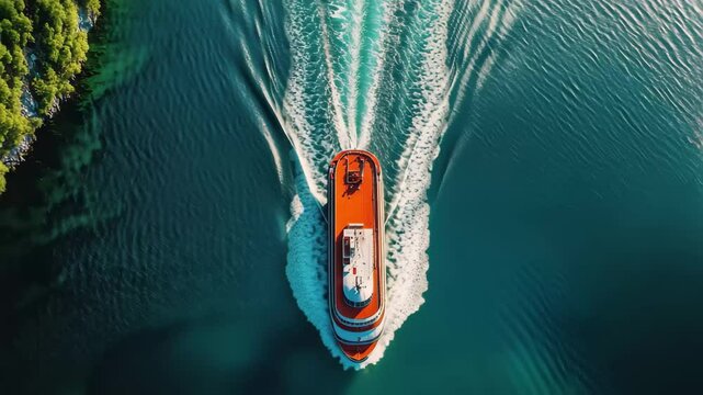 Breathtaking aerial view of ferry boat navigating through Geirangerfjord surrounded by lush greenery, Beautiful Aerial View of Ferry Boat in Geirangerfjord, Norway The Great Fjord