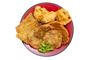 Fried food gorengan bakwan, Bala-bala, Tahu isi and tempeh with chili fritters Indonesian street food