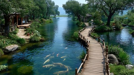 Fototapeta premium Tranquil fish pond with wooden bridge high resolution picture