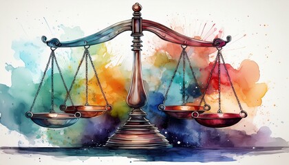colorful watercolor illustration of balanced scales symbolizing justice equality and fairness in decision making and law ideal for legal and educational purposes