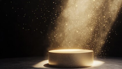 Luxurious Elegance: Glowing Golden Pedestal In Floating Air With Spotlight And Shiny Glitter Wall Scene In Abstract Black Room For Product Display Presentation.