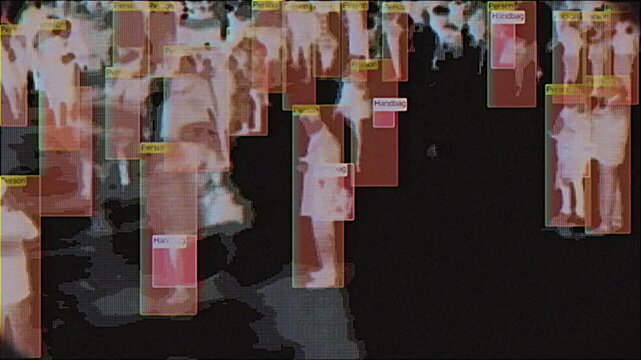 4K AI crowd surveillance with red bounding boxes and inverted heatmap visuals, pixel glitch texture and analog CRT-style distortion, motion graphics overlay, screen mode, public detection system