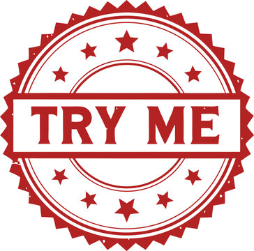 Red "Try Me" Grunge Rubber Stamp Seal with Star Accents and Circular Design.