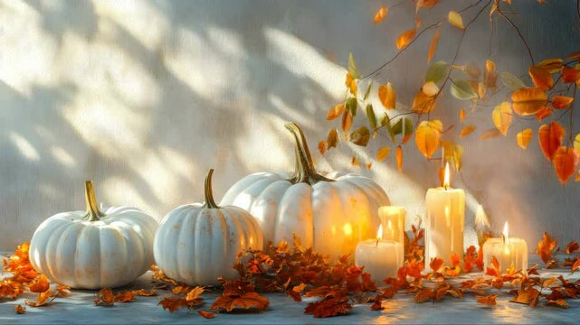Autumn composition with pumpkin and candles. Beautiful autumn decor