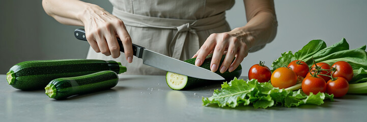 female hands cutting raw  zucchini with knife in modern kitchen