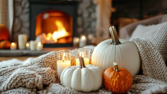Home comfort. Armchair near the fireplace with firewood. Photo of interior of room with a wooden wall, wreath and garlands, Christmas atmosphere