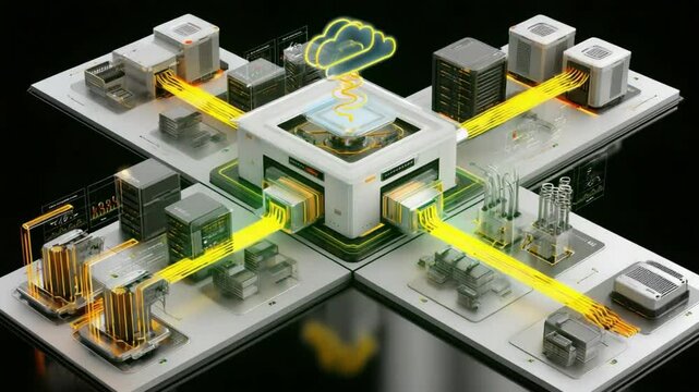 Cloud Computing Network: A conceptual graphic illustrating the interconnectedness of data and information, showcasing a centralized cloud, linked by pathways.