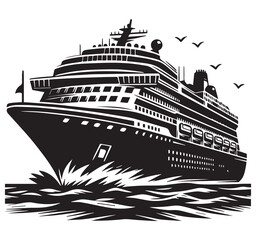 Obraz premium Cruise Ship Vector Illustration: Black and White Graphic of Ocean Liner, Sea Travel, and Vacation Icon for Design Projects