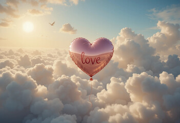 Fototapeta premium A heart balloon is floating in the sky with the word love written on it