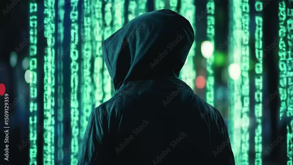 Poster man in hoodie jacket stands against a backdrop of glowing binary code at night, man in hoodies jacke