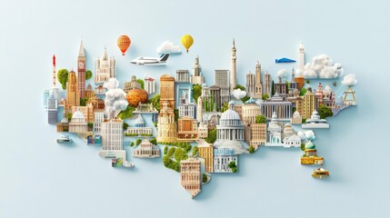 Colorful map showcasing iconic landmarks and buildings from various cities across the United States.