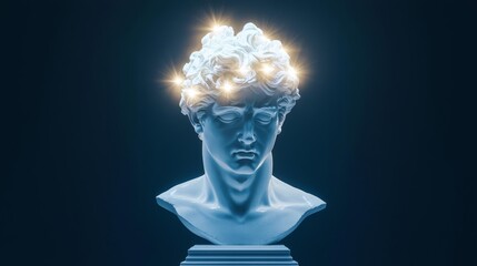 A modern sculpture of a bust with an illuminated cloud-like hair representing creativity and inspiration.