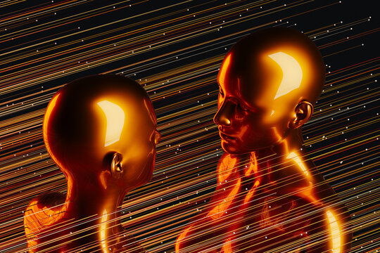 Metal humanoids with advanced AI in tech art
