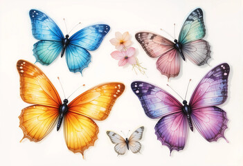 Four colorful butterflies are arranged in a row, with one of them being yellow. Watercolor illustration