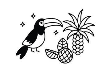 Obraz premium Toucan tropical bird pineapple palm tree line art illustration