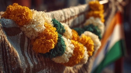 Vibrant marigold garlands in saffron, white, and green on fabric, celebrating India's Independence Day spirit