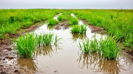 Fototapeta premium Lush Green Grass Growing Amidst Waterlogged Fields Under Cloudy Sky in a Wetland Environment