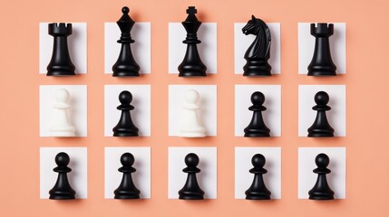 A visually striking arrangement of chess pieces on a peach backdrop, inviting strategic play and intellectual engagement.