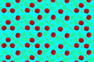 Red apple and green leaf pattern background. Seamless apple pattern. Red apple pattern background. Seamless red apple illustration. Summer fruit pattern.