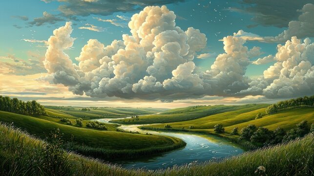Scenic view of a winding river through rolling hills under a dramatic sky.