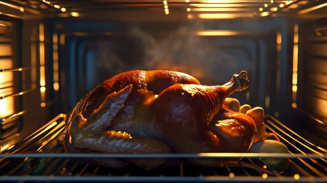 cooking roasted stuffed turkey in kitchen, woman putting turkey in oven, thanksgiving and christmas holiday dinner