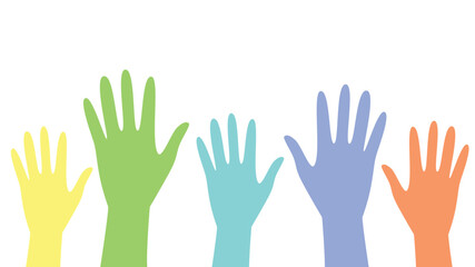 Illustration of colorful hands raised in unity, symbolizing volunteerism, teamwork, and inclusive social participation.